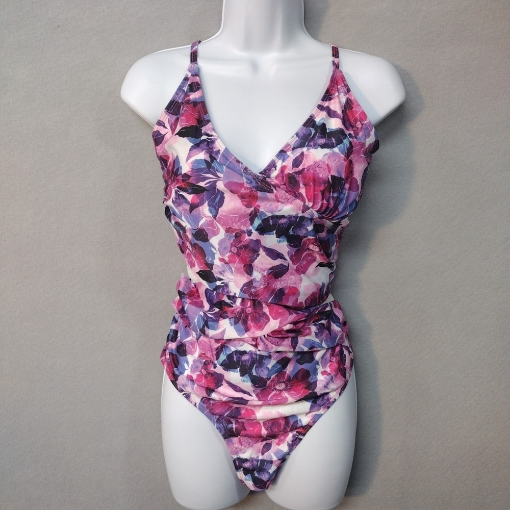 Nicole Miller Women XL One Piece Swimsuit Pink Purple Floral Mesh Cutout Ruched